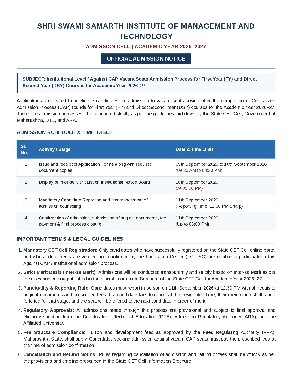 Admission notice